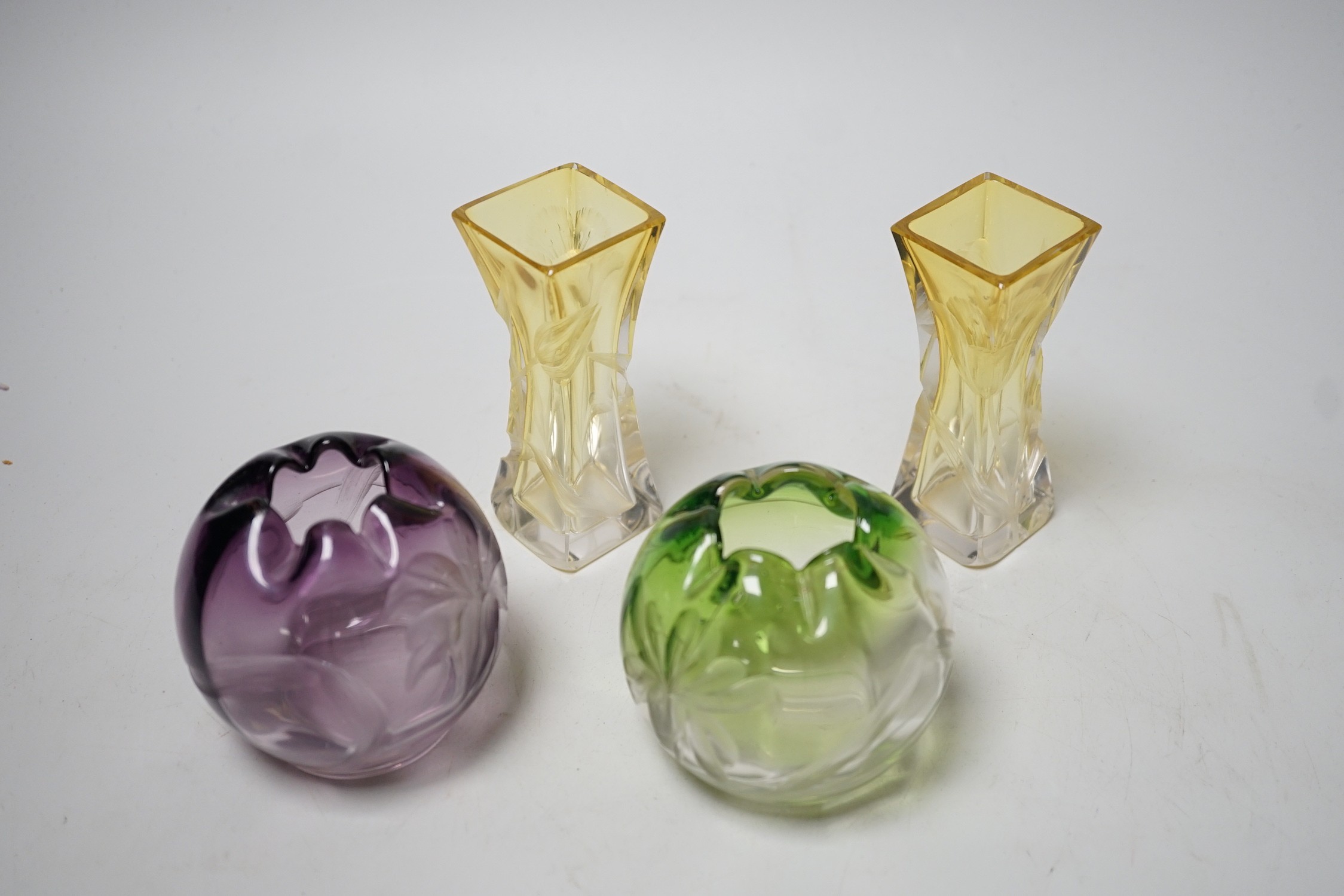 Two pairs of Moser wheel engraved coloured glass posy vases. Tallest 10cm